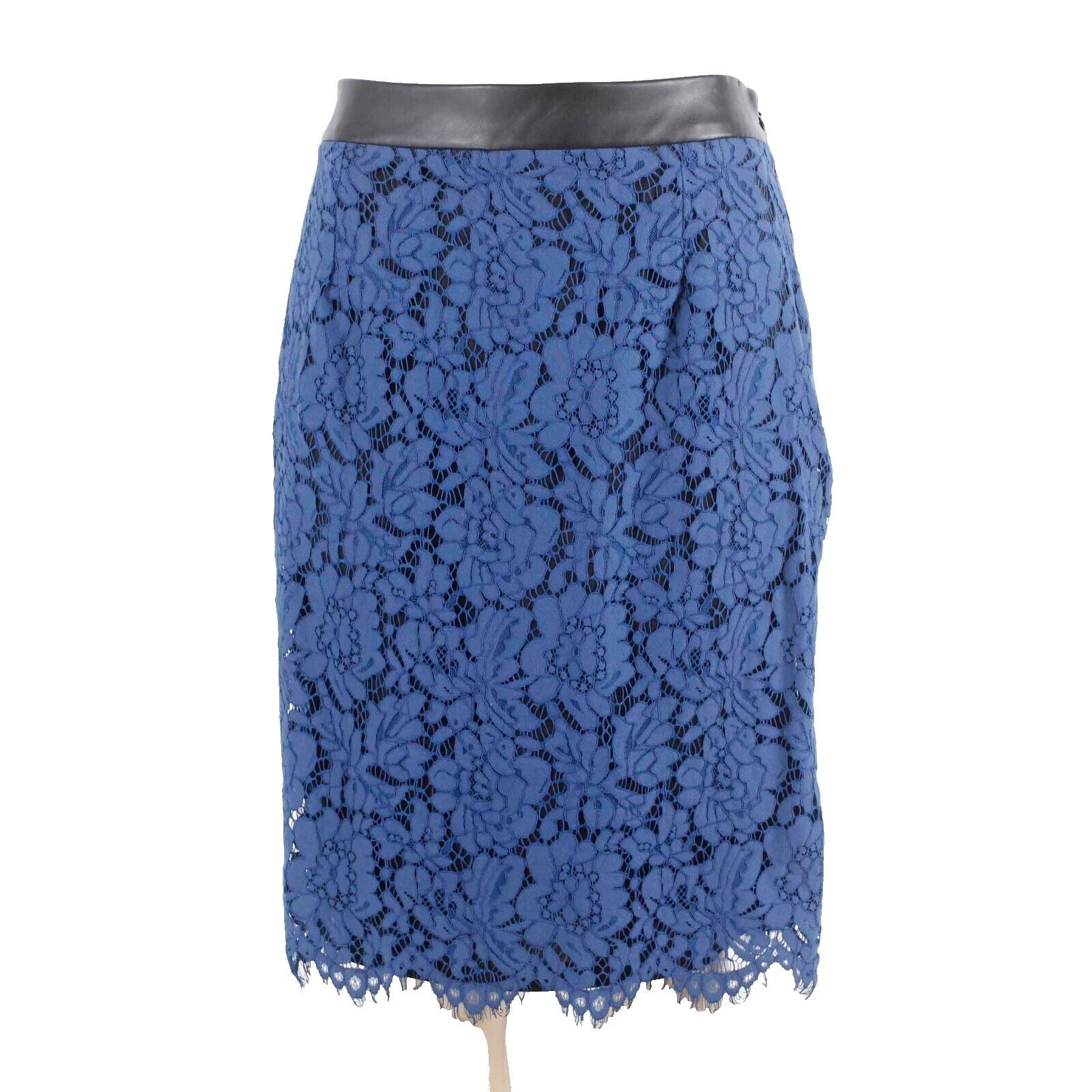 Brixon Ivy Sz L Blue Black Lace Overlay PU Trim Lined Rayon Blend Pencil Skirt