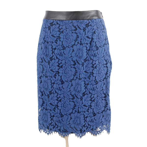 Brixon Ivy Sz L Blue Black Lace Overlay PU Trim Lined Rayon Blend Pencil Skirt