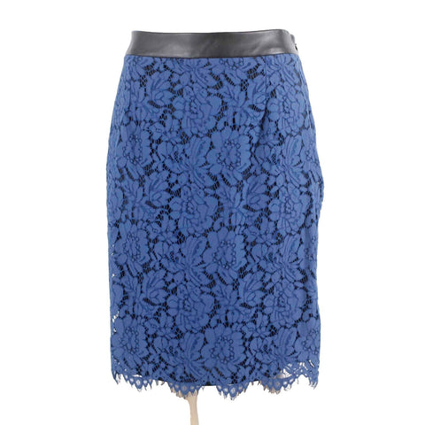Brixon Ivy Sz L Blue Black Lace Overlay PU Trim Lined Rayon Blend Pencil Skirt