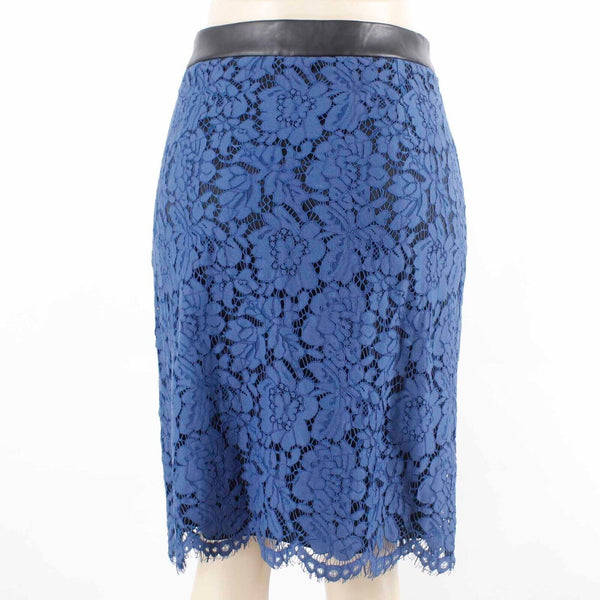 Brixon Ivy Sz L Blue Black Lace Overlay PU Trim Lined Rayon Blend Pencil Skirt