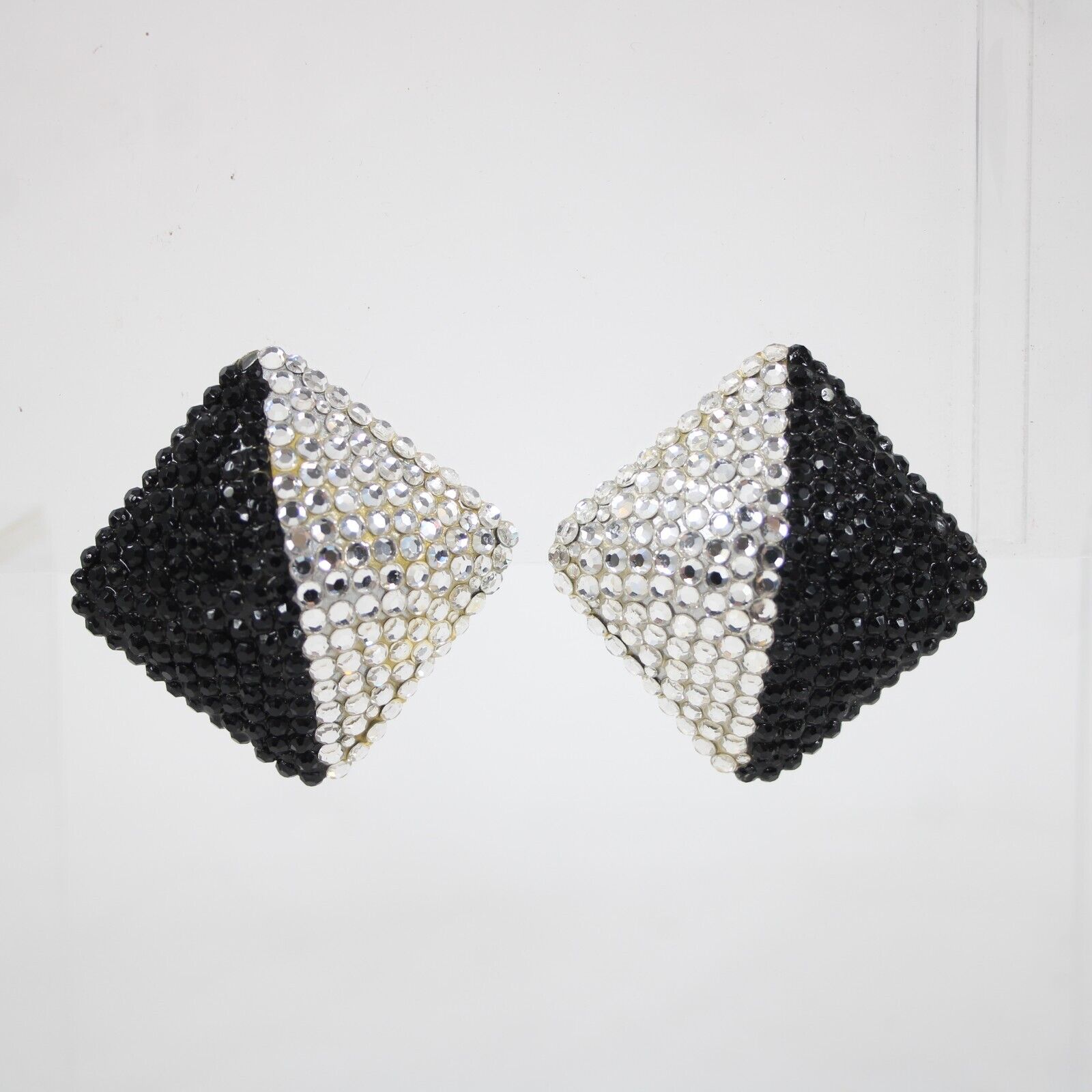 Caroline Williams Black Silver Rhinestones Diamond Shape Huggie Clip On Earrings