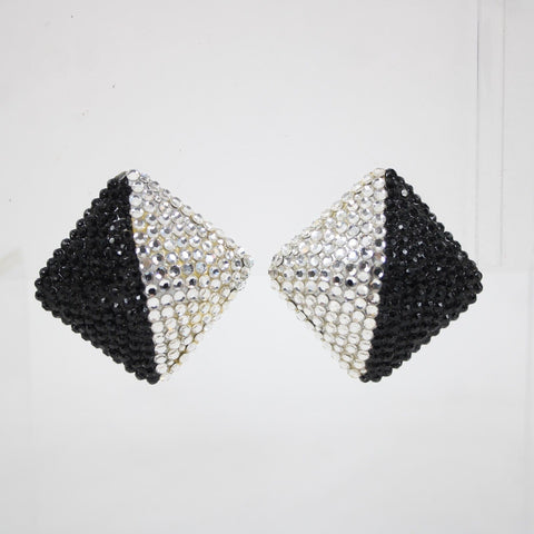 Caroline Williams Black Silver Rhinestones Diamond Shape Huggie Clip On Earrings