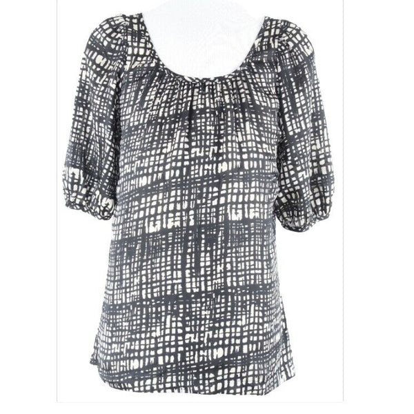 Veronica M Sz XS Tan Black Puff Elbow Sleeve Satiny Blouse No Fabric Label Top