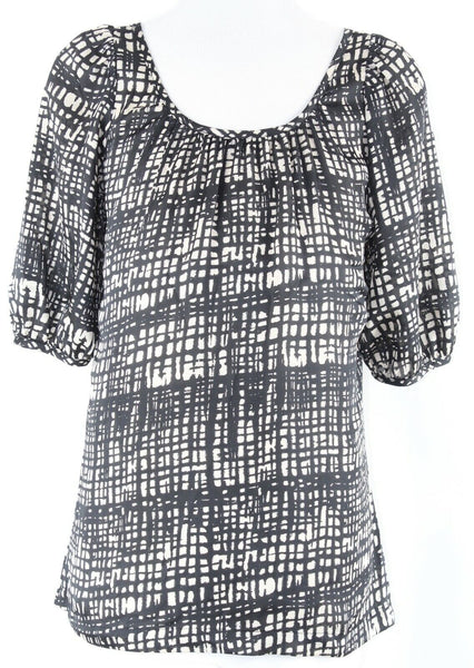 Veronica M Sz XS Tan Black Puff Elbow Sleeve Satiny Blouse No Fabric Label Top