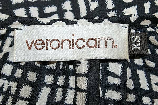 Veronica M Sz XS Tan Black Puff Elbow Sleeve Satiny Blouse No Fabric Label Top