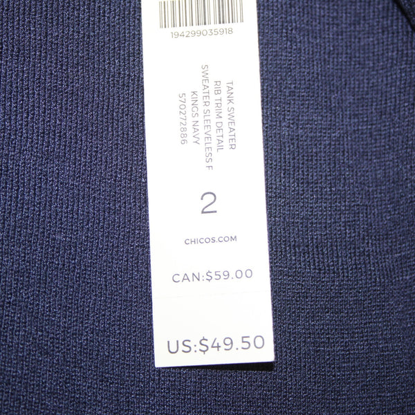 Chicos Top NEW $50 Sz 2 Navy Blue Rib Trim Detail Tank Rayon Top