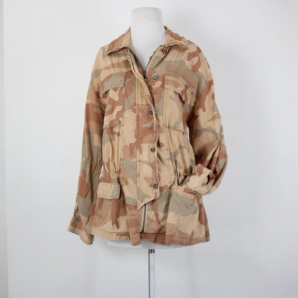Free People Sz S Lead The Way Tan Camoflage Oversize Bohemian Cotton Jacket