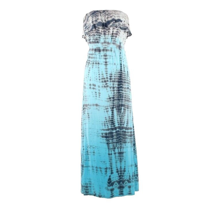 Gypsy Sz M Aqua Gray Multi Tie Dye Ruffle Bandeau Long 100% Silk Dress
