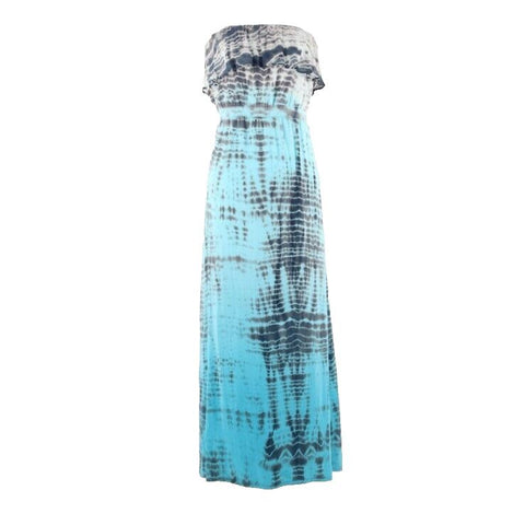 Gypsy Sz M Aqua Gray Multi Tie Dye Ruffle Bandeau Long 100% Silk Dress