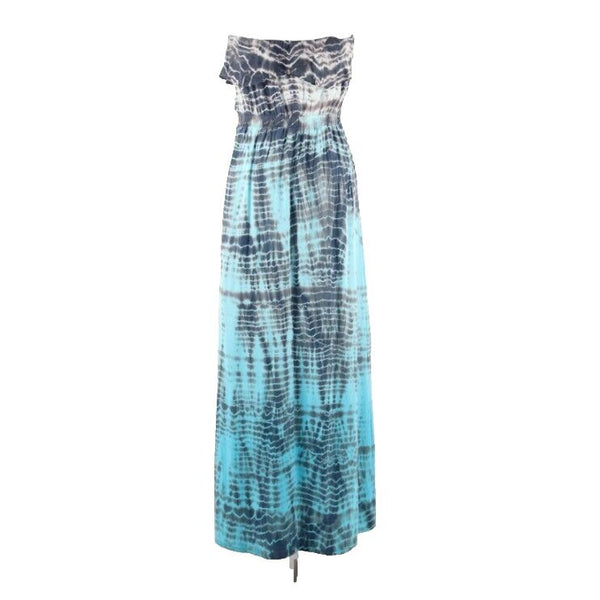 Gypsy Sz M Aqua Gray Multi Tie Dye Ruffle Bandeau Long 100% Silk Dress