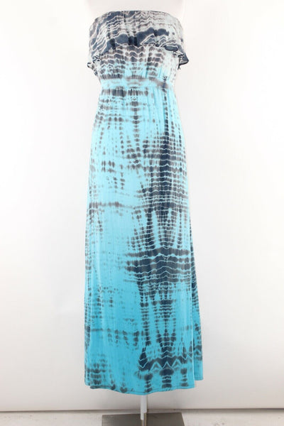 Gypsy Sz M Aqua Gray Multi Tie Dye Ruffle Bandeau Long 100% Silk Dress