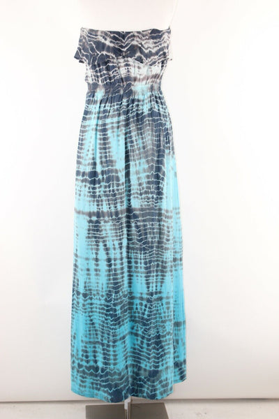 Gypsy Sz M Aqua Gray Multi Tie Dye Ruffle Bandeau Long 100% Silk Dress