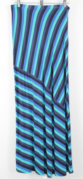 Matty M Sz S Navy Blue Aqua Multi Stripe Long Rayon Spandex Long Skirt