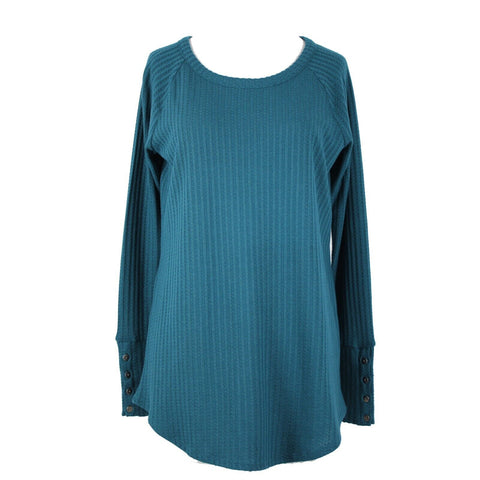 Cha Sor NEW Lush Sz M Teal Blue Long Sleeve Button Detail Poly Rayon Top