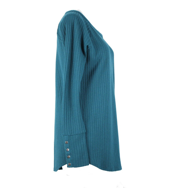 Cha Sor NEW Lush Sz M Teal Blue Long Sleeve Button Detail Poly Rayon Top