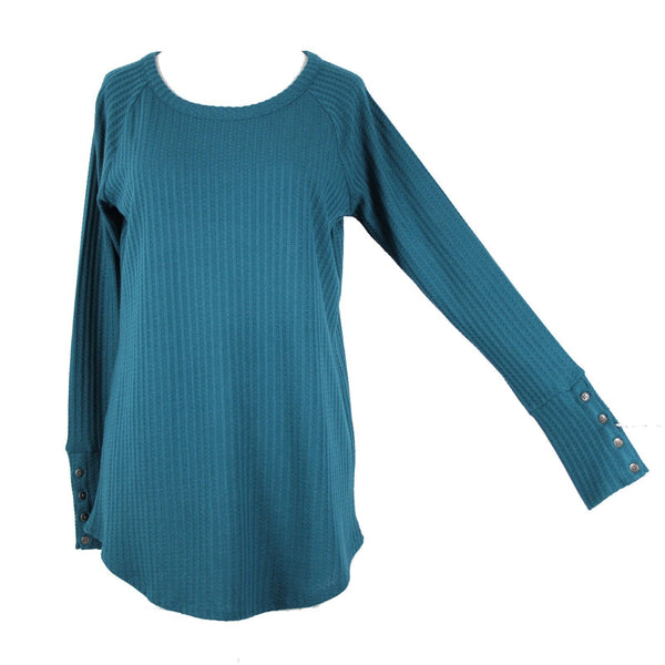 Cha Sor NEW Lush Sz M Teal Blue Long Sleeve Button Detail Poly Rayon Top