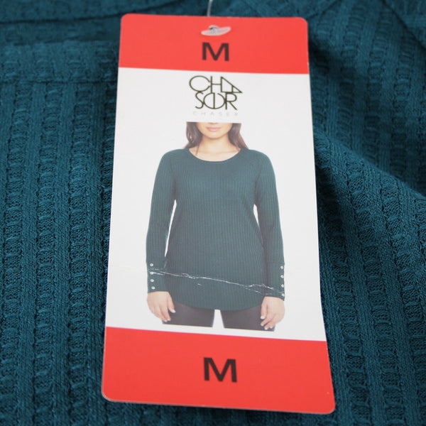 Cha Sor NEW Lush Sz M Teal Blue Long Sleeve Button Detail Poly Rayon Top