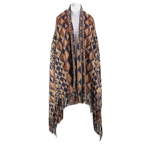 Tracy Reese NEW $178 Sz XS/S Brown Tan Nvy Wool Blnd Boho Print Fringe Vest