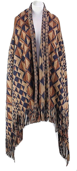 Tracy Reese NEW $178 Sz XS/S Brown Tan Nvy Wool Blnd Boho Print Fringe Vest