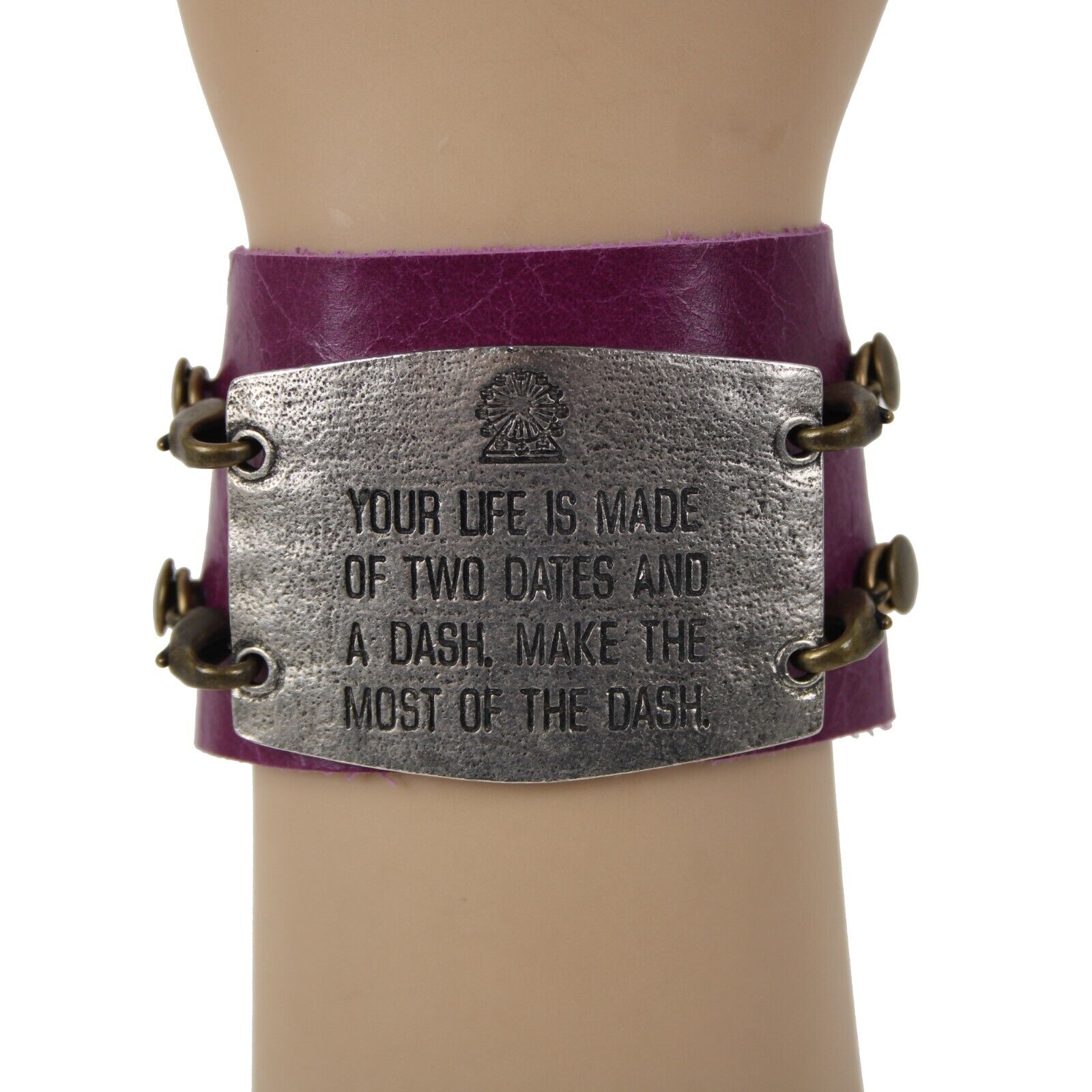 Purple Silver Sentimental Quotes 2 Changable Plates Leather Boho Bracelet