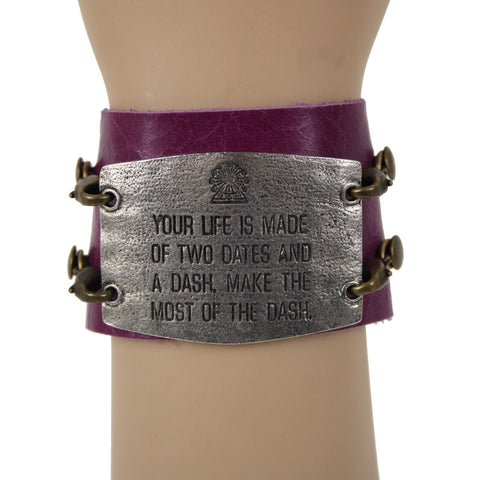 Purple Silver Sentimental Quotes 2 Changable Plates Leather Boho Bracelet