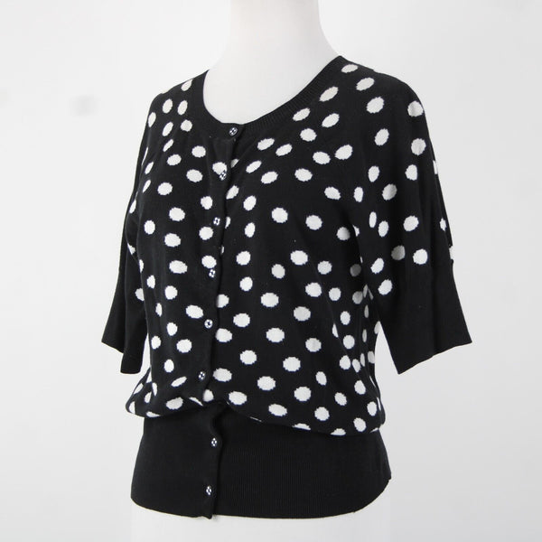 Christina V Sz M Black White Polka Dots Button Down 100% Cotton Sweater Cardigan
