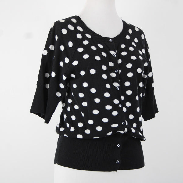 Christina V Sz M Black White Polka Dots Button Down 100% Cotton Sweater Cardigan