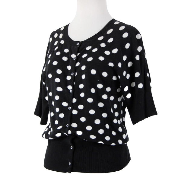 Christina V Sz M Black White Polka Dots Button Down 100% Cotton Sweater Cardigan
