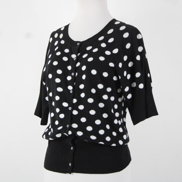 Christina V Sz M Black White Polka Dots Button Down 100% Cotton Sweater Cardigan