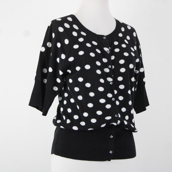 Christina V Sz M Black White Polka Dots Button Down 100% Cotton Sweater Cardigan