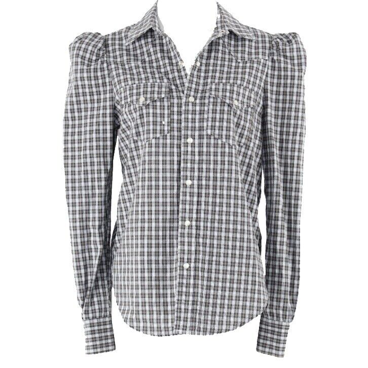 Greyson NEW $313 Sz S White Olive Navy Plaid Cotton Blend Trend Top