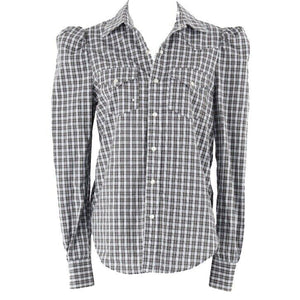 Greyson NEW $313 Sz S White Olive Navy Plaid Cotton Blend Trend Top