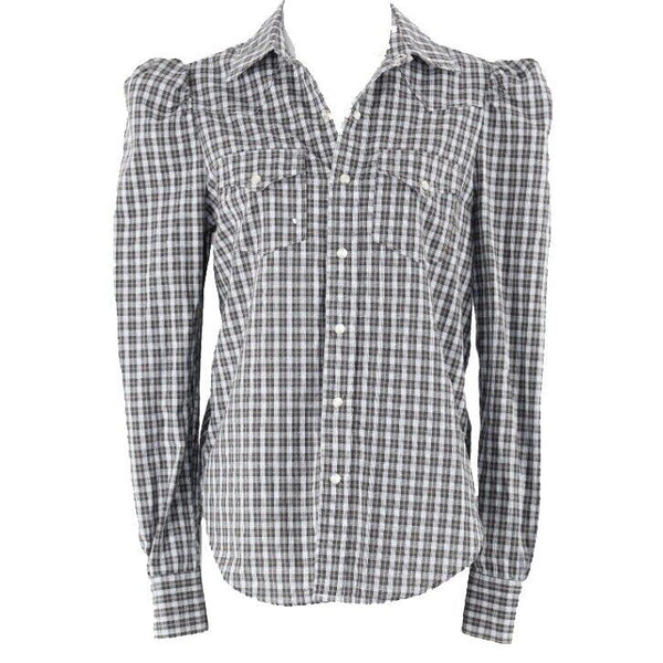 Greyson NEW $313 Sz S White Olive Navy Plaid Cotton Blend Trend Top