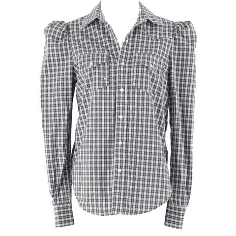 Greyson NEW $313 Sz S White Olive Navy Plaid Cotton Blend Trend Top