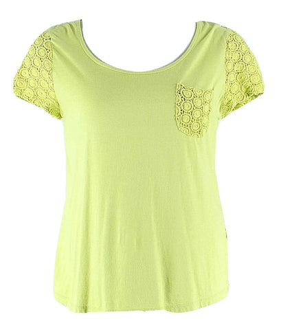 Chicos 2 Lime Chartreuse Green Lace Sleeve Pocket Back Cotton Rayon Knit Top