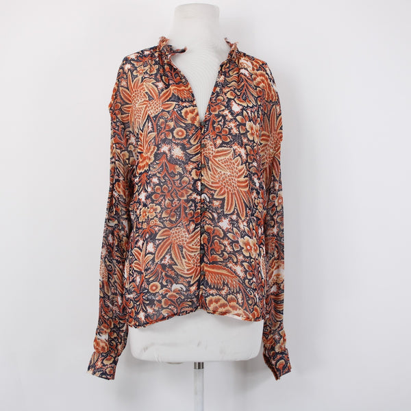 Pilcro Top Sz S Orange Multi Color Collared Buttons Lined 100% Poly Viscose Top