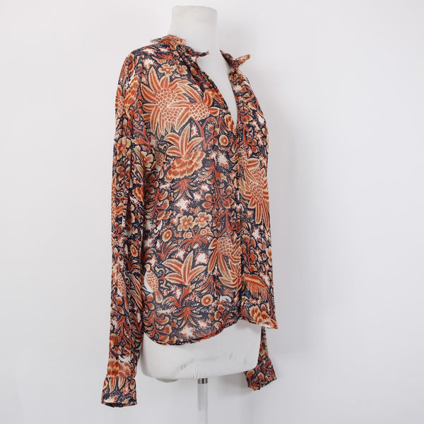 Pilcro Top Sz S Orange Multi Color Collared Buttons Lined 100% Poly Viscose Top