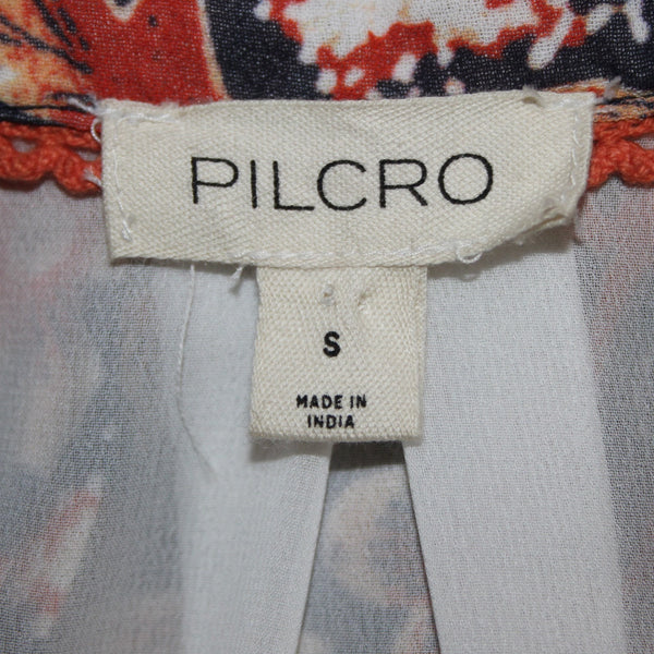 Pilcro Top Sz S Orange Multi Color Collared Buttons Lined 100% Poly Viscose Top