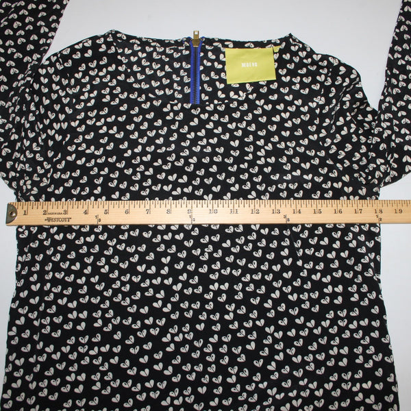 Maeve Top Sz S Black Cream Hi Lo 100% Silk Whimsical Blue Back Zipper Top