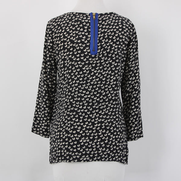 Maeve Top Sz S Black Cream Hi Lo 100% Silk Whimsical Blue Back Zipper Top