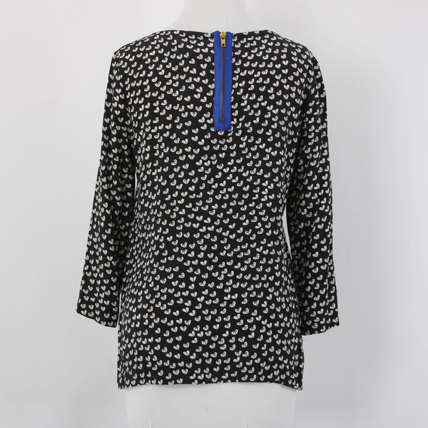 Maeve Top Sz S Black Cream Hi Lo 100% Silk Whimsical Blue Back Zipper Top