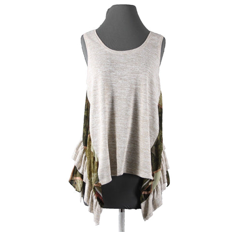 Mystree NEW $32 Sz S Tan Olive Green Asymetrical Ruffle Poly Rayon Tank Boho Top