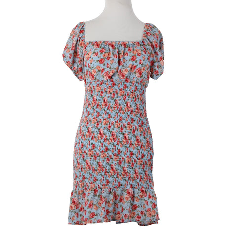 Almost Famous NEW Sz M Blue Multi Color Floral Ruching 100% Polyester Dress