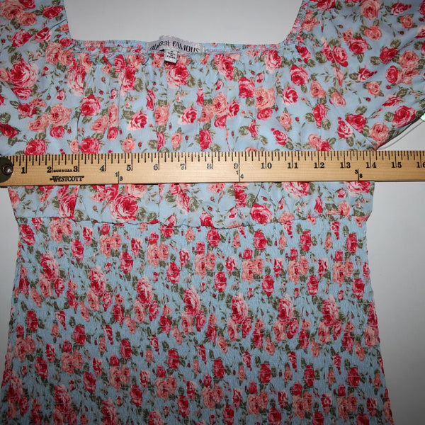 Almost Famous NEW Sz M Blue Multi Color Floral Ruching 100% Polyester Dress