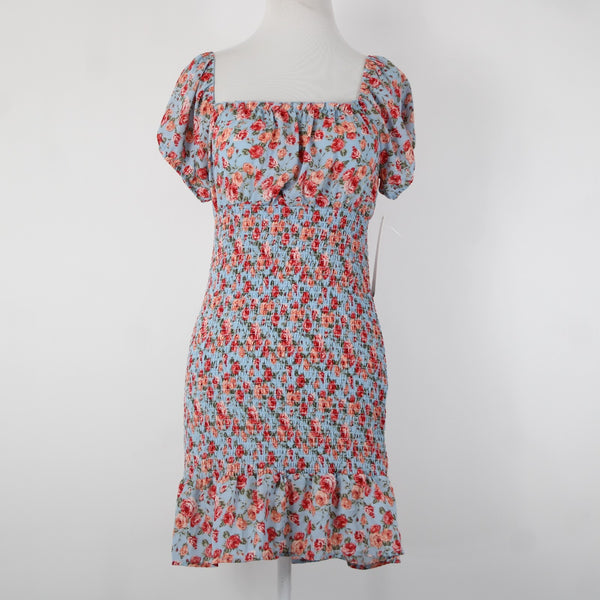 Almost Famous NEW Sz M Blue Multi Color Floral Ruching 100% Polyester Dress