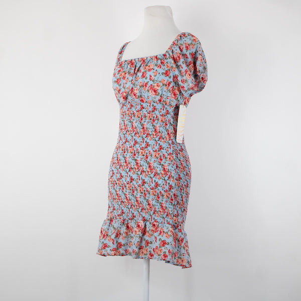 Almost Famous NEW Sz M Blue Multi Color Floral Ruching 100% Polyester Dress