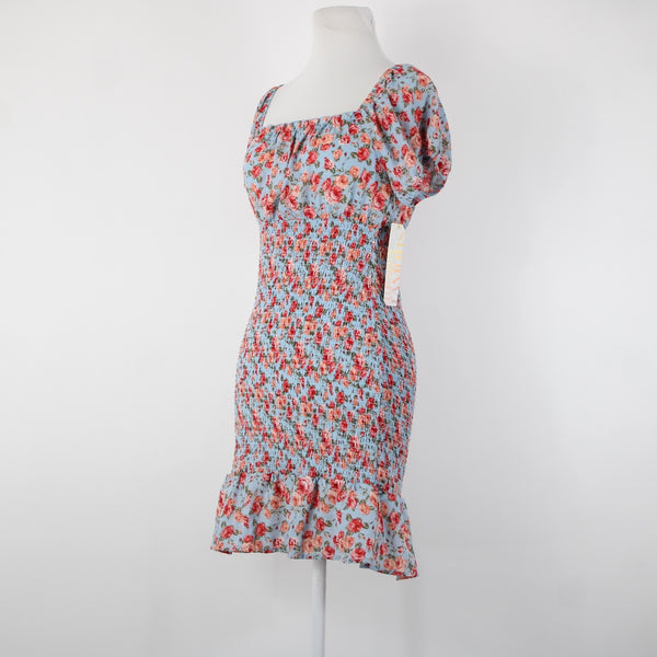 Almost Famous NEW Sz M Blue Multi Color Floral Ruching 100% Polyester Dress