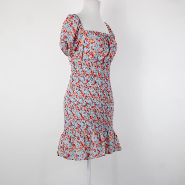 Almost Famous NEW Sz M Blue Multi Color Floral Ruching 100% Polyester Dress
