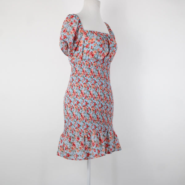 Almost Famous NEW Sz M Blue Multi Color Floral Ruching 100% Polyester Dress