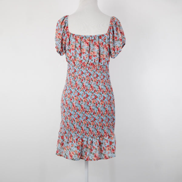 Almost Famous NEW Sz M Blue Multi Color Floral Ruching 100% Polyester Dress